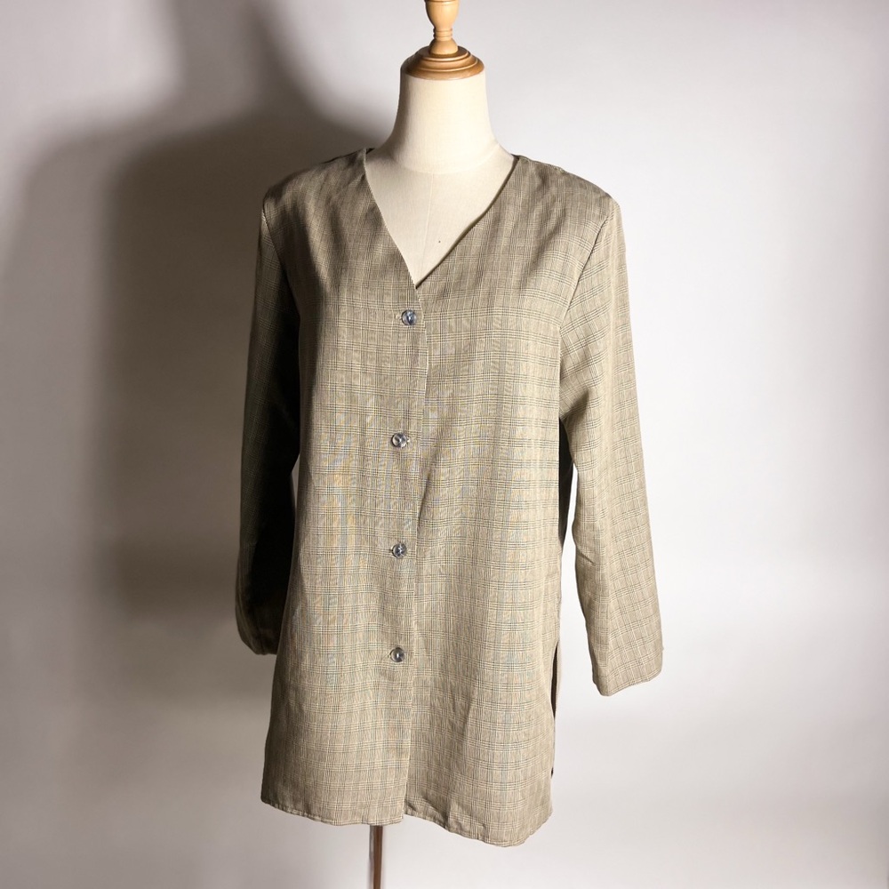 VINTAGE 90s Houndstooth Plaid Tan Black Lightweight Longline Blazer Small